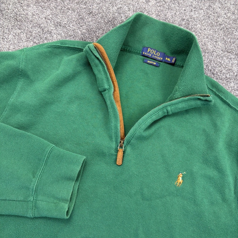 Polo Ralph Lauren Sweater Mens 2XL Green 1/4 Zip Estate Rib Pullover Flesh Pony
